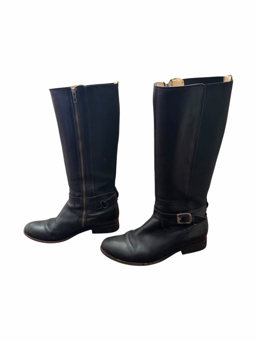 Frye Women’s Black Leather Tall Riding Boots Size 9 Harness Buckle Zip